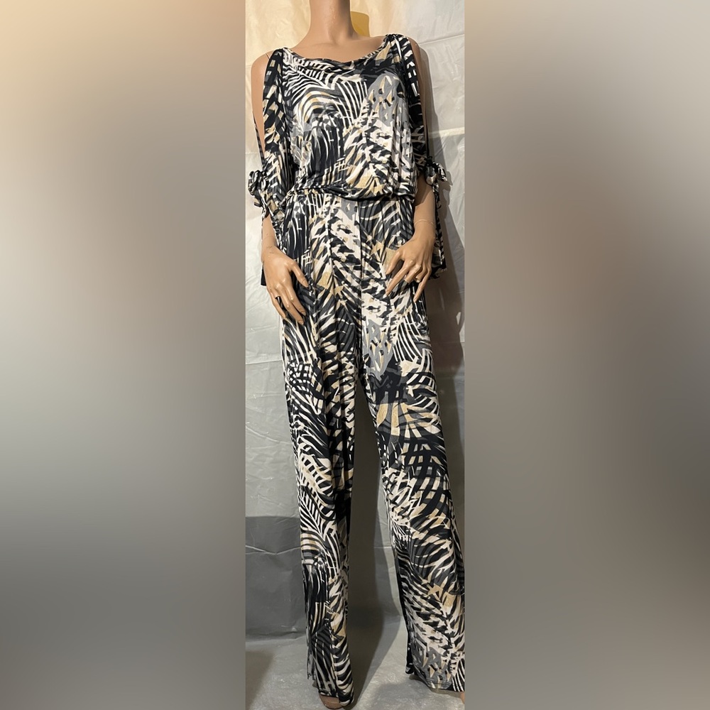 Janette Fashion John 3:16 Black White Palm Leaves Long Sleeve Jumpsuit Size S